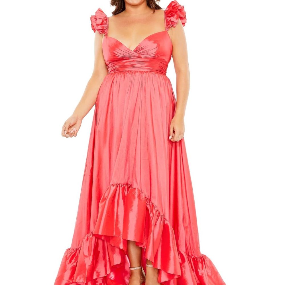 Mac Duggal Watermelon RUFFLE STRAP HIGH LOW GOWN (PLUS)